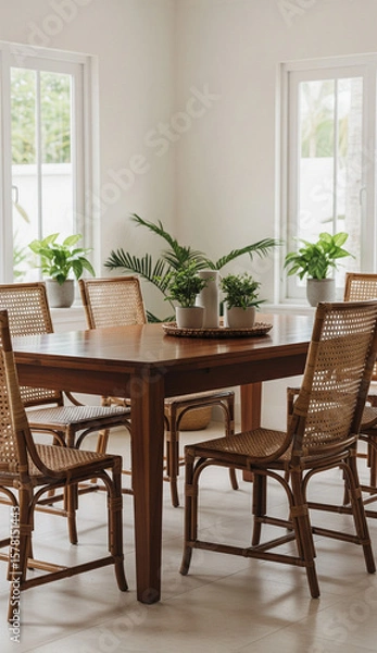 Fototapeta Scandinavian-tropical fusion dining room with wooden surfaces and greenery.