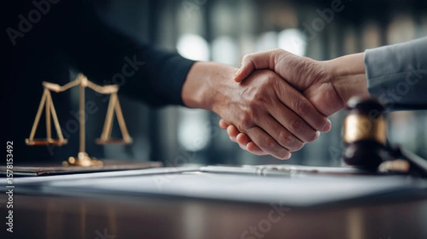 Fototapeta Professional handshake symbolizes agreement and trust in legal setting, with gavel and scales of justice in background