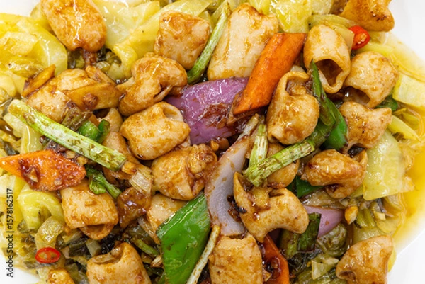Obraz top view dish of stir-fried pig intestines
