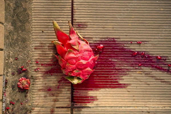 Obraz top view smashed red-fleshed dragon fruit on the ground