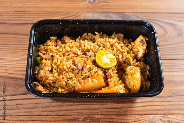 Obraz angle view box of seafood fried rice at horizontal composition