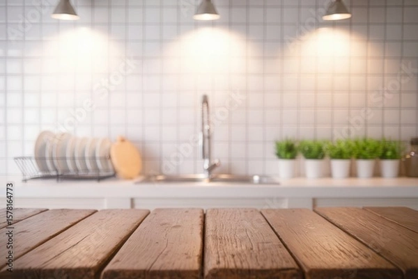 Fototapeta Rustic wooden table surface set against a bright and warm kitchen setting