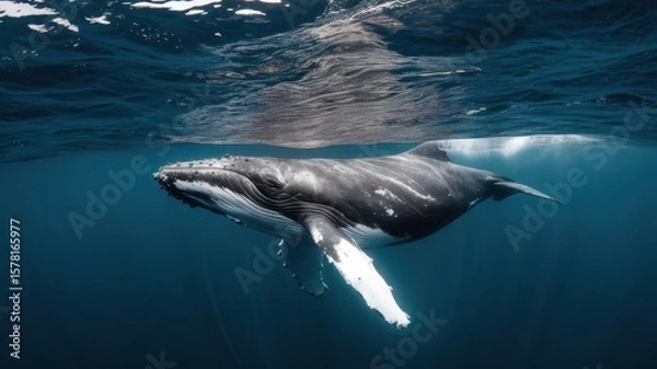 Fototapeta Humpback Whale Drifting Serenely Beneath Ocean's Rippling Surface Reflecting Light