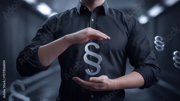 Fototapeta Shielding legal rights: A man protecting paragraph symbols with hands