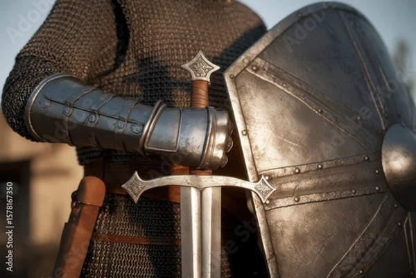 Fototapeta Medieval Knight with Armor, Shield, and Sword Preparing for the Challenge