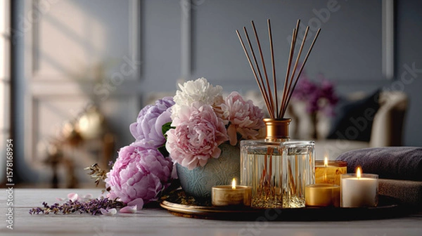 Fototapeta Colorful Aromatherapy Setup with Reed Diffuser, Candles, and Fresh Flowers