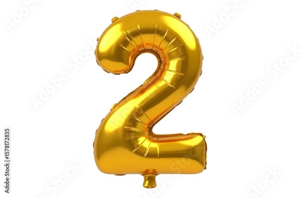 Obraz A shiny gold balloon shaped like the number two on a transparent background. The balloon is inflated and reflects light, creating a festive appearance.