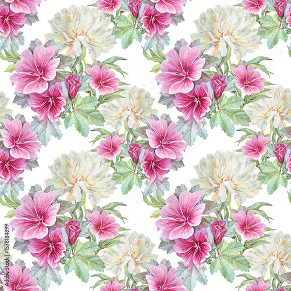 Fototapeta Watercolor seamless pattern with purple malva and peony on white background. Spring pink flower with leaves for wedding celebration. Botanical summer wrapping or wallpaper. Sketchbook coloring book