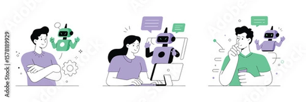 Fototapeta Artificial Intelligence in Business Vector Illustration Showing Character Working with Generative AI Tools for Content Creation, Marketing Strategies, and Prompt Engineering in Modern Design


