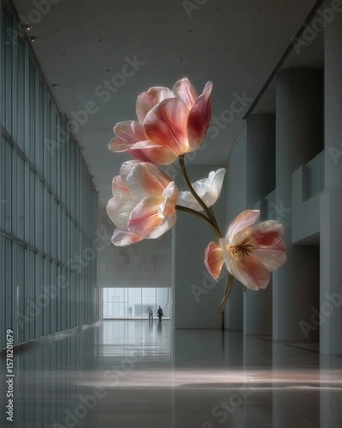 Fototapeta Elegantly Suspended Tulip Sculpture in Minimalist Architecture, Floating Floral Art Creating Surreal Ambiance