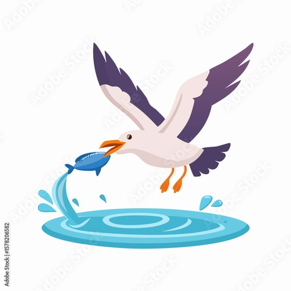 Fototapeta Cartoon Seagull Catching Fish Above Water with Splash and Ripples