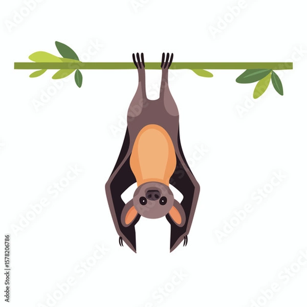 Fototapeta Cartoon Bat Hanging Upside Down on a Green Branch with Leaves.
