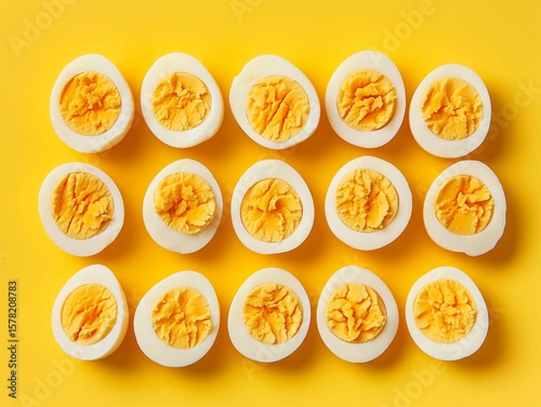 Fototapeta Top view of boiled eggs on colorful background. Boiled egg cuts in half.