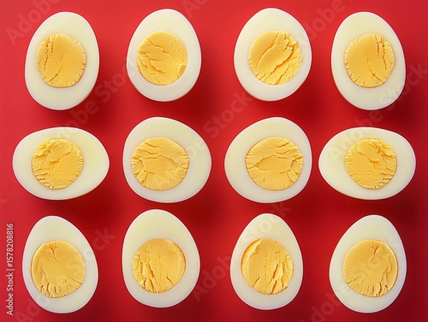 Fototapeta Top view of boiled eggs on colorful background. Boiled egg cuts in half.