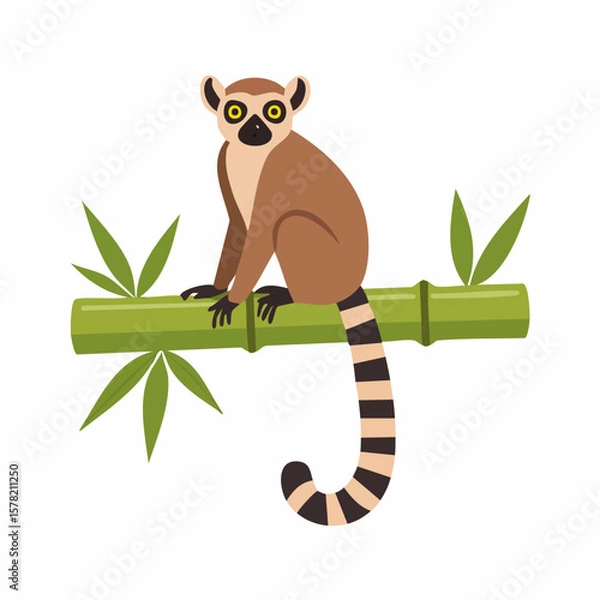 Fototapeta Cartoon Ring-tailed Lemur Perched on Green Bamboo Branch with Leaves
