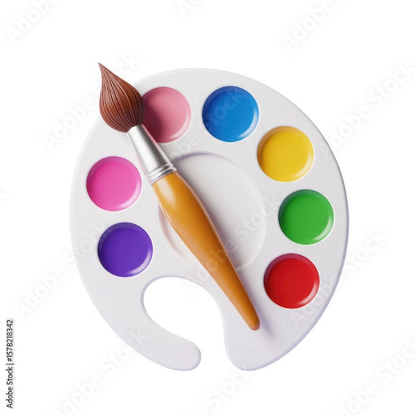 Fototapeta Artist's paint palette with colorful round paints and brush for creative painting projects art