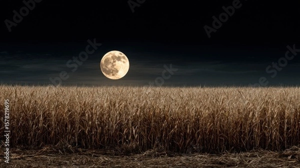 Fototapeta Golden grain field under a bright full moon illuminating the tranquil landscape