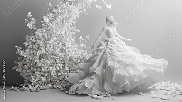 Fototapeta Ethereal white gown sculpture with cascading floral elements in a monochromatic setting