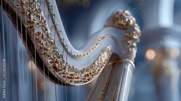 Fototapeta Close-up Detailed Elegance: Ornate White and Gold Harp in Soft Lighting