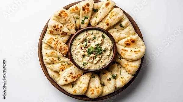 Fototapeta Naan Bread with Creamy Dip: A rustic wooden platter presents a ring of golden-brown naan bread surrounding a small bowl of creamy, flavorful dip, garnished with fresh herbs.