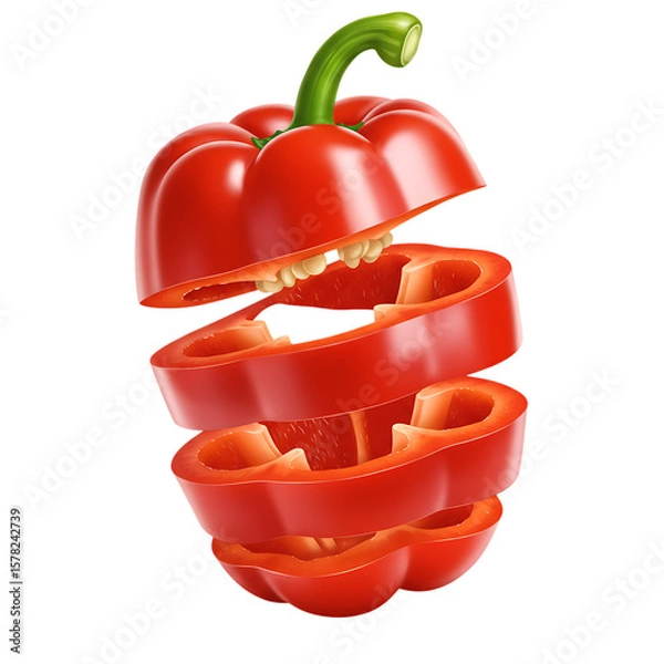 Fototapeta Sliced Red Bell Pepper With Green Stem isolated on a transparent background vegetable 1