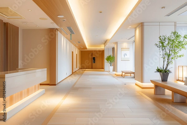 Fototapeta 現代的で洗練された和風ホテルの開放的な廊下空間