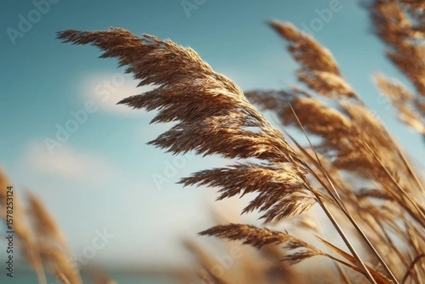 Fototapeta Golden grasses sway gently in the breeze against a clear blue sky, capturing a serene landscape