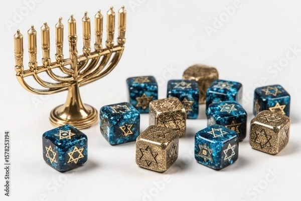 Fototapeta Golden menorah surrounded by blue and gold dreidels on a white background, symbolizing celebration