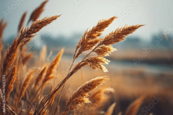 Fototapeta Golden reeds sway gently in the breeze by a tranquil waterway under a soft morning light