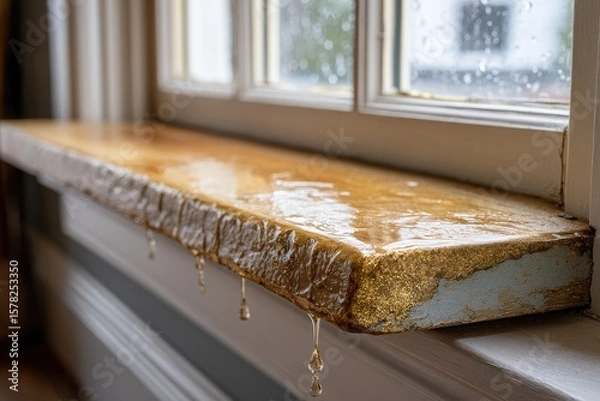 Fototapeta Golden wooden windowsill with rainwater droplets cascading down, creating a serene atmosphere indoors