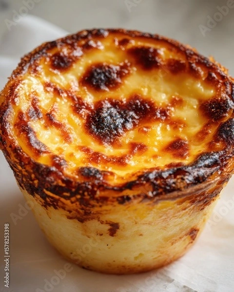 Fototapeta Golden-brown baked custard dessert in a rustic setting with soft lighting and textures