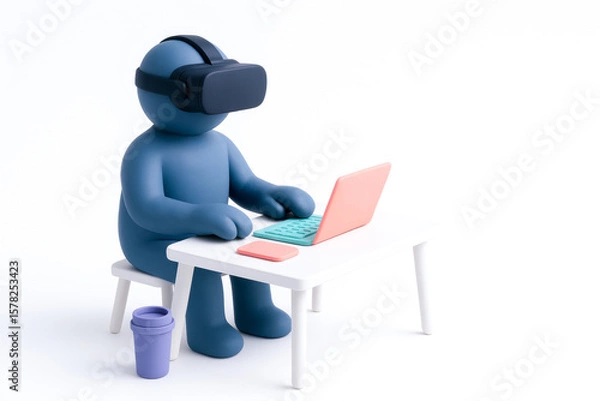 Fototapeta Digital character wearing virtual reality headset sitting at desk with laptop and coffee cup, illustrating remote work and digital environment, creating sense of modernity and innovation