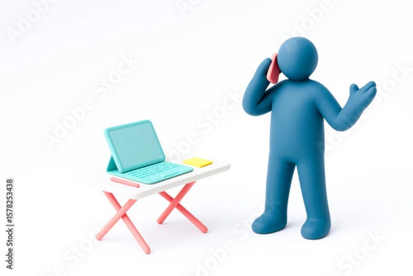 Fototapeta 3D humanoid figure talking on mobile phone next to small desk with laptop and sticky notes, representing remote work or digital communication, with clean white background