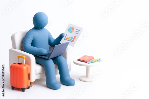Fototapeta Blue human like figure sitting white armchair working laptop while holding report with charts, surrounded by travel and work accessories, illustrating remote work environment for digital nomads