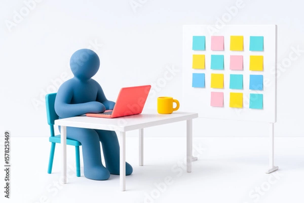 Fototapeta Digital workspace with figure working on laptop, surrounded by colorful sticky notes on board, coffee mug on table, and minimalistic setting that suggests remote work and creative environment