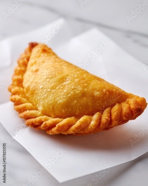 Fototapeta Golden-brown empanada resting on white parchment paper with a blurred marble background
