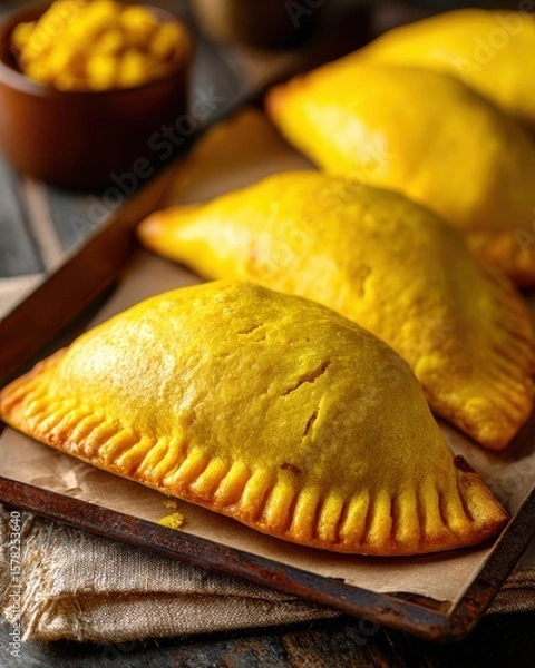Fototapeta Golden-brown empanadas resting on a rustic wooden table with a bowl of sauce in the background