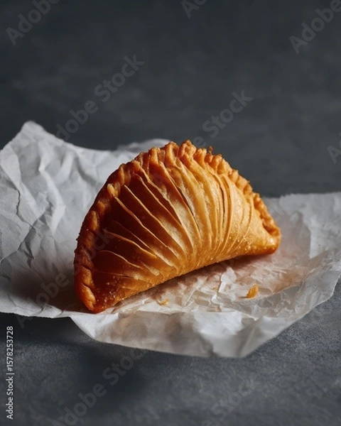 Fototapeta Golden-brown pastry resting on crumpled parchment, showcasing its flaky texture and deliciousness