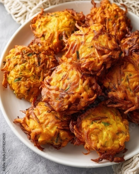 Fototapeta Golden-brown vegetable fritters served on a white plate, garnished and ready to enjoy