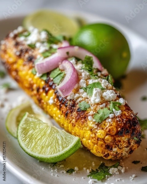 Fototapeta Grilled corn on the cob topped with cheese, onions, and cilantro, served with lime wedges