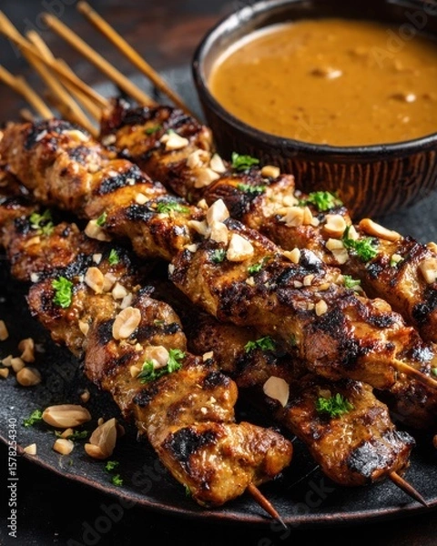 Fototapeta Grilled chicken skewers garnished with peanuts served alongside a rich dipping sauce