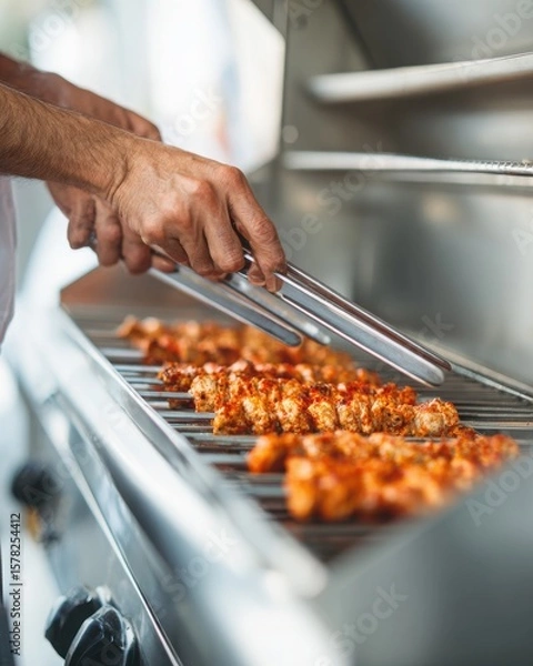 Fototapeta Grilling Chicken Skewers at a Summer Barbecue with Friends Enjoying in the Background