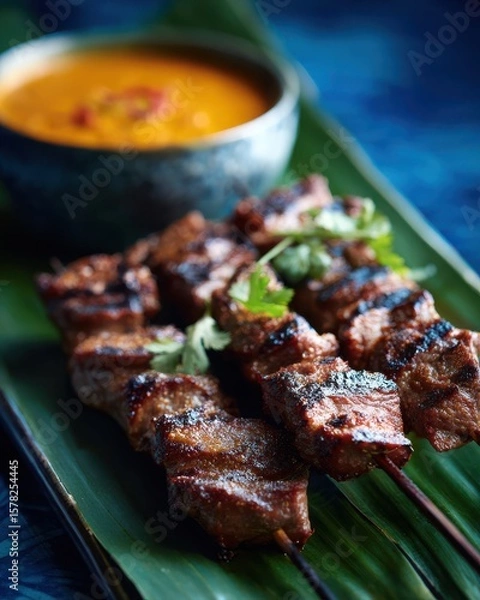 Fototapeta Grilled meat skewers served on a banana leaf with a bowl of spicy sauce in the background