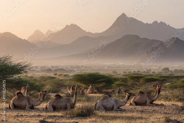 Fototapeta Group of camels resting in a serene desert landscape with mountains in the background at sunset