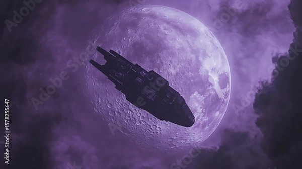 Obraz Dark spaceship above moon and clouds