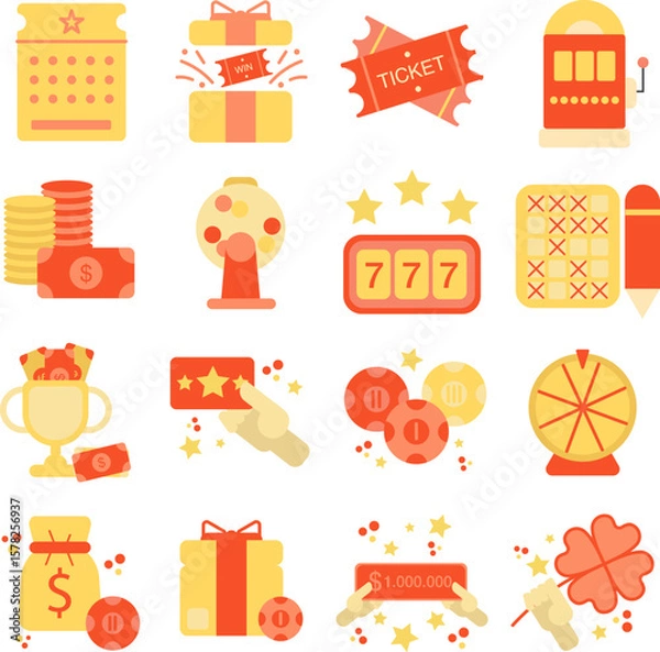 Obraz Lottery illustration set. Includes of jackpot, ticket, draw, win, number, and More. Vector flat color collection