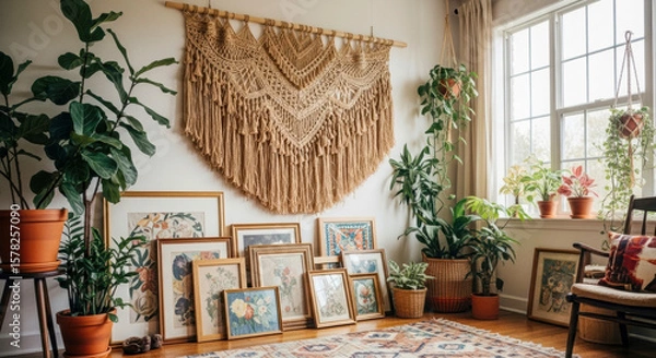Fototapeta A bohemian living space showcasing a large macrame wall hanging, numerous framed artworks leaning against the wall, and an abundance of lush potted plants by a bright window.
