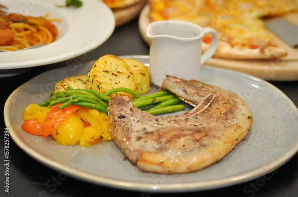 Fototapeta pork steak or grilled pork and salad or pork chop