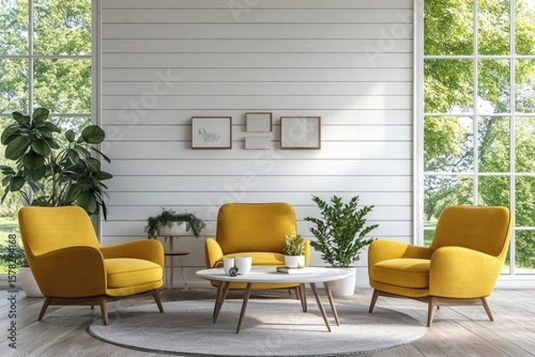 Fototapeta Interior design of a living room with a coffee table and green armchair, with a mock-up poster on the wall for creative customization. 3D rendering, Generative AI
