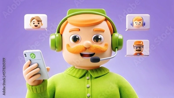 Fototapeta 3D Cartoon Customer Support Character with Headset & Smartphone, Engaging in Digital Communication